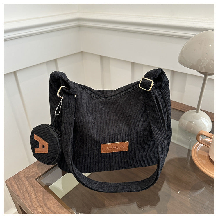 Soft Ribbed Shoulder Tote in Black