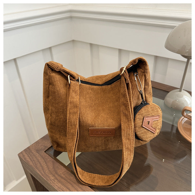 Soft Ribbed Shoulder Tote in Brown