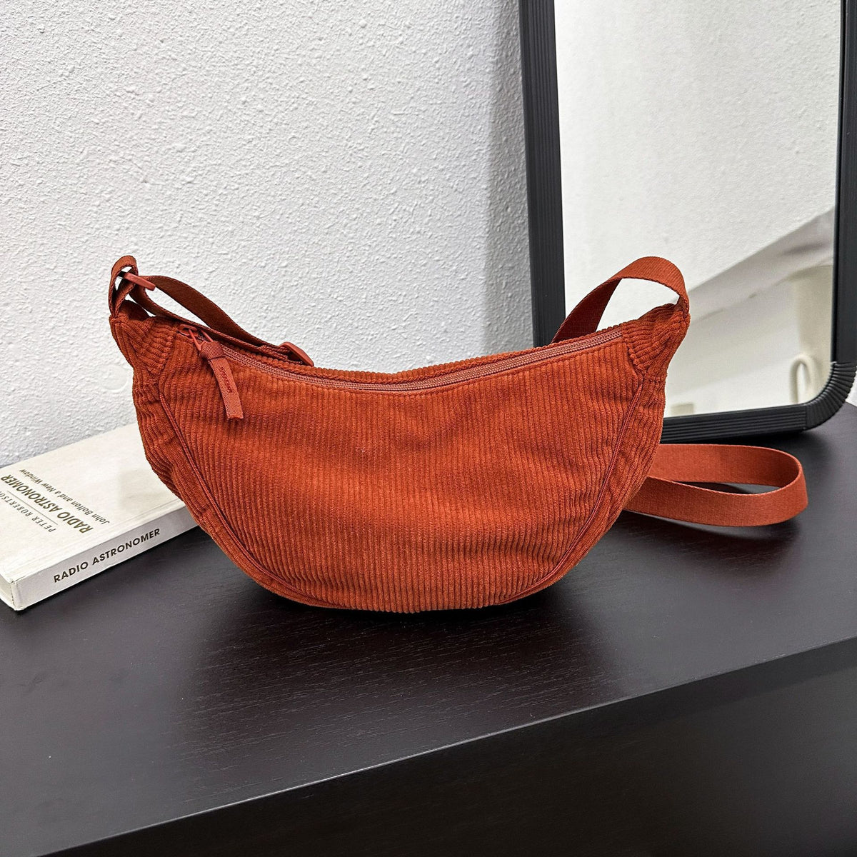 Corduroy Crescent Crossbody in Rust