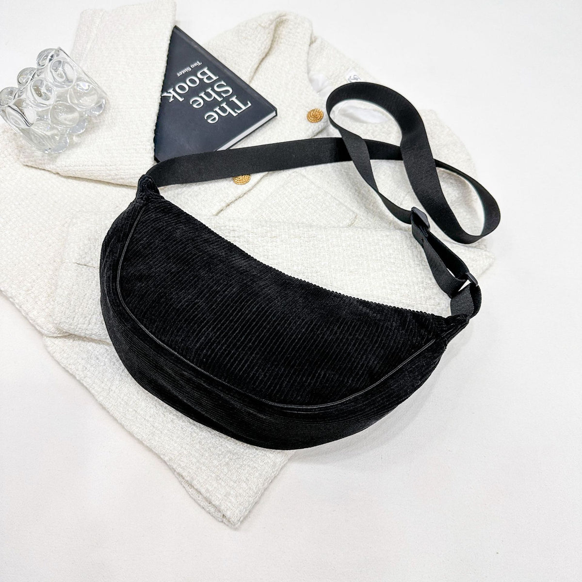 Corduroy Crescent Crossbody in Black