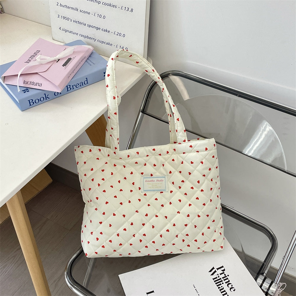 Sweetheart Pastel Quilted Tote — side or angled view, supplier photograph
