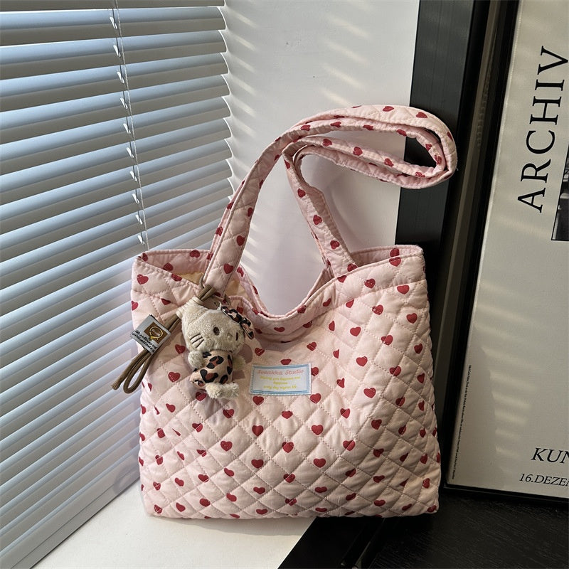 Pink Hearts Quilted Tote — side or angled view, supplier photograph