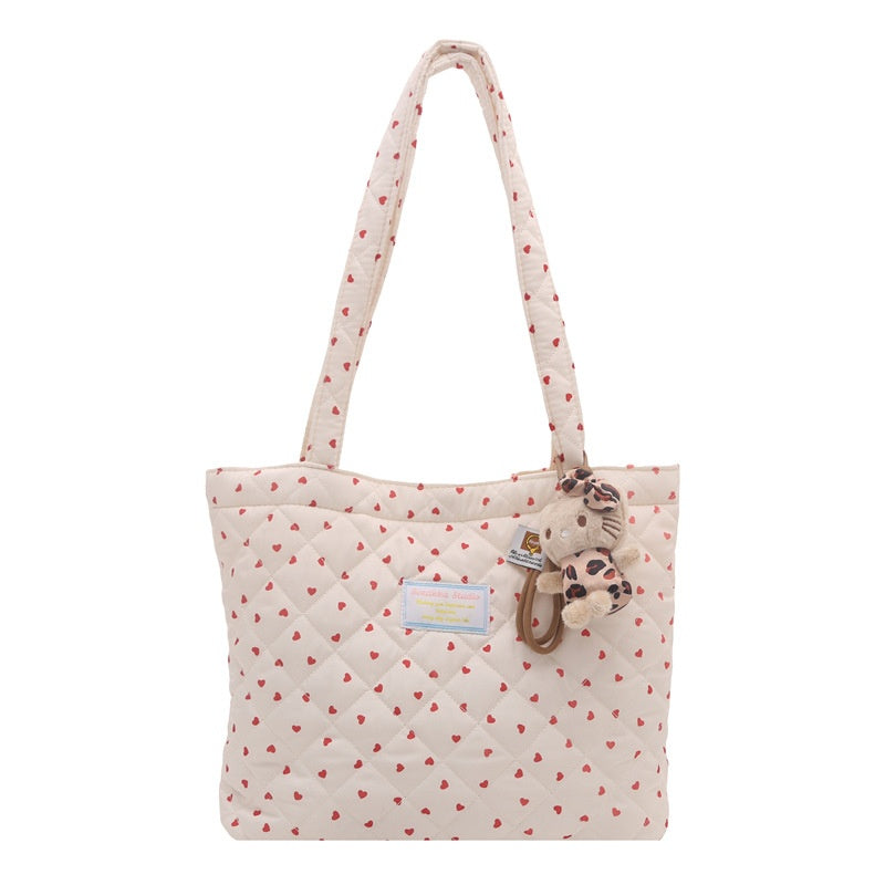 Pink Hearts Quilted Tote — front view on light background