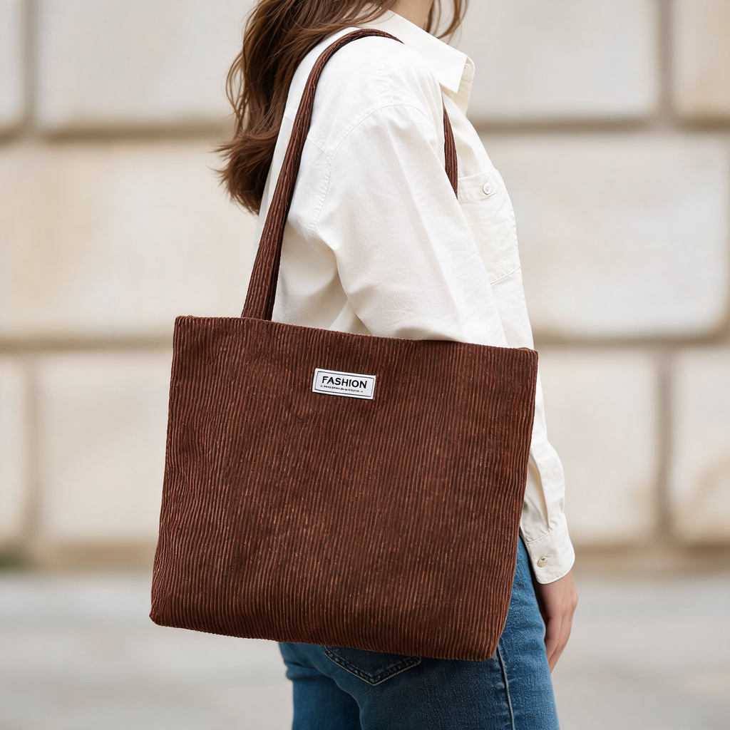 Everyday Ribbed Zip Tote — brown, carried on shoulder with cream shirt