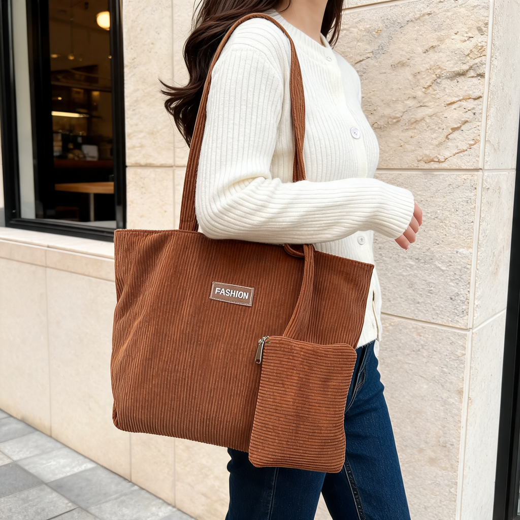 Soft Curve Everyday Tote — brown, AI-styled lifestyle illustration on model