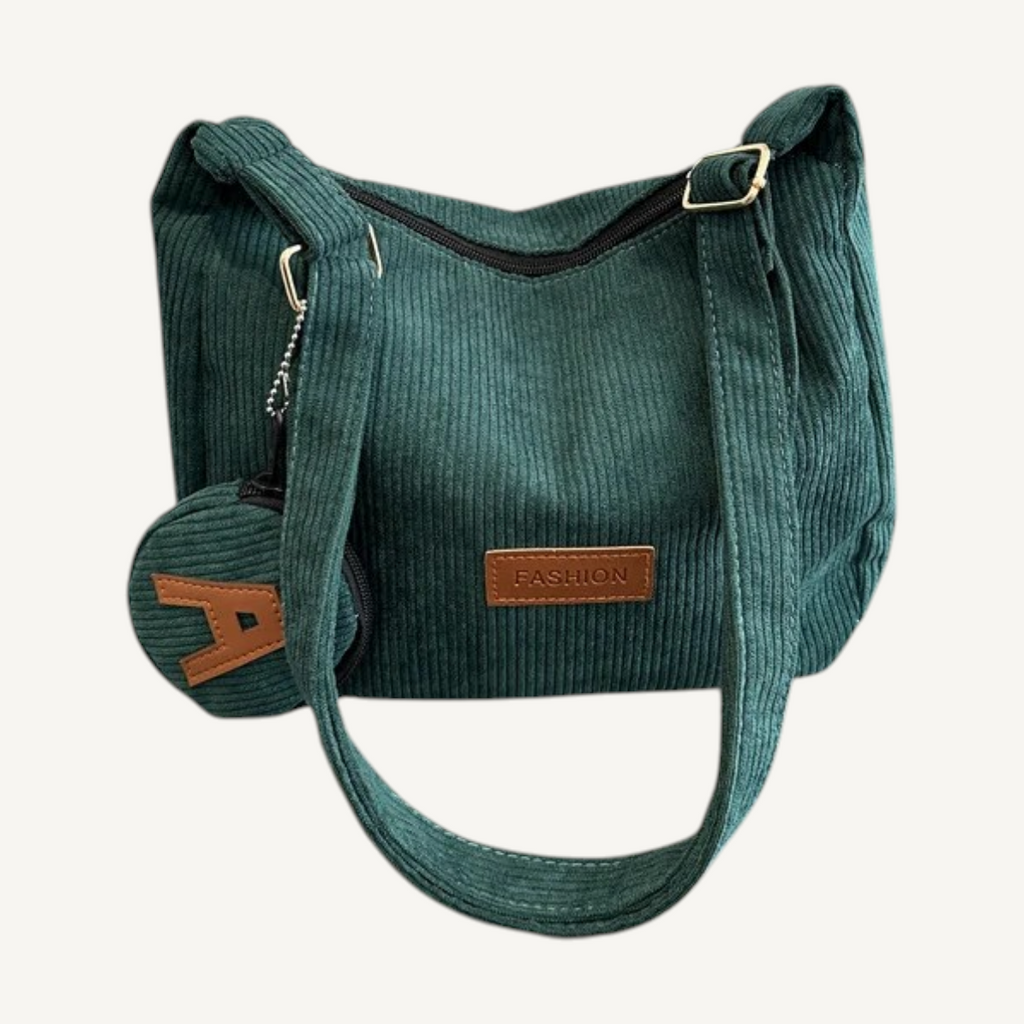Soft Ribbed Shoulder Tote — teal, front view with matching round pouch