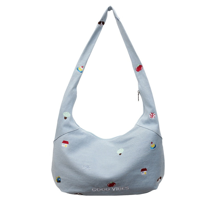 Meadow Denim Tote — front view on light background