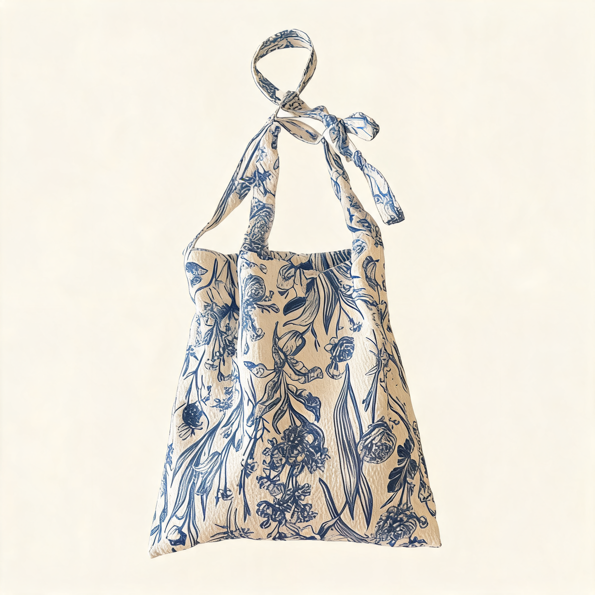 Porcelain Garden Tote — blue botanical fabric, full front view