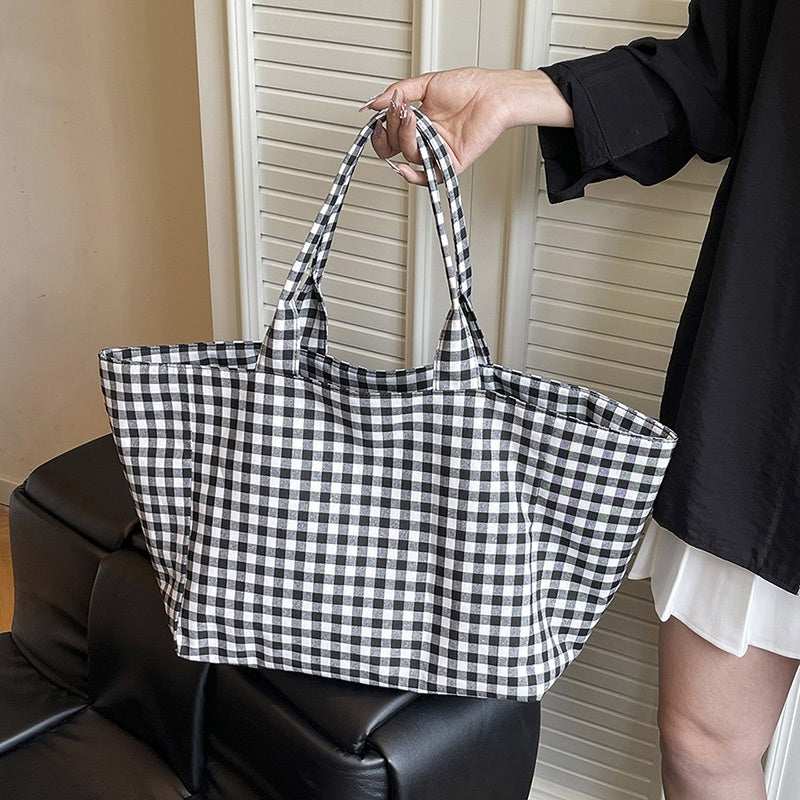 Gingham Everyday Tote — worn or held by a model, supplier photograph