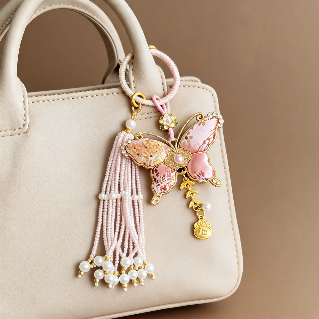 Butterfly Pearl Tassel Bag Charm — lifestyle styling | Mak&Malva gallery 1-3