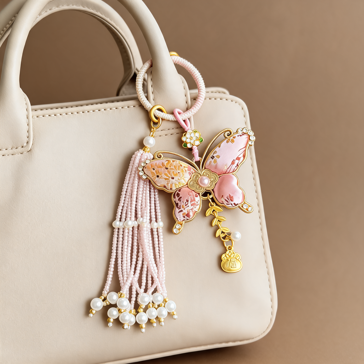 Butterfly Pearl Tassel Bag Charm — lifestyle styling | Mak&Malva gallery 1-3