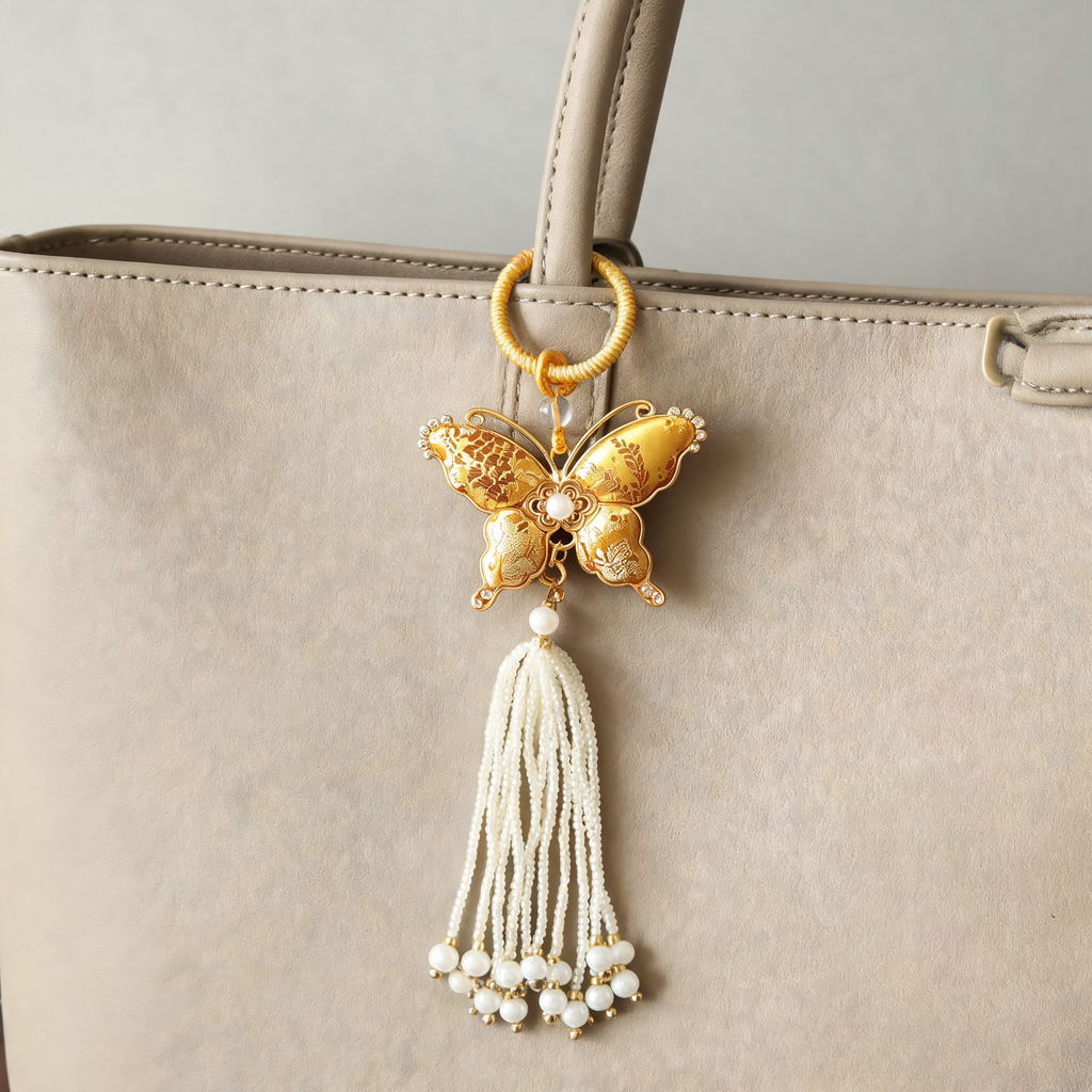 Brocade Butterfly Beaded Bag Charm — lifestyle styling | Mak&Malva gallery 1-3