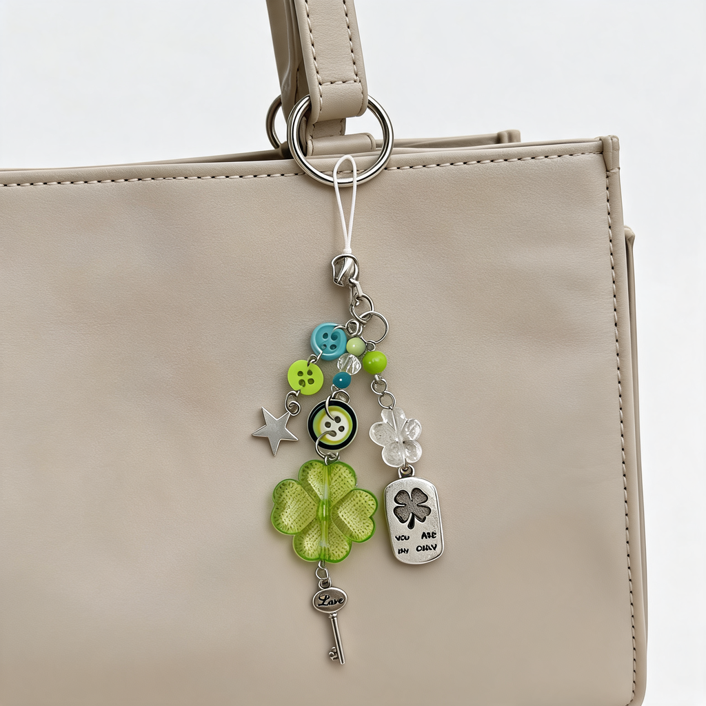 Clover Bead Chain Bag Charm — lifestyle styling | Mak&Malva gallery 1-3