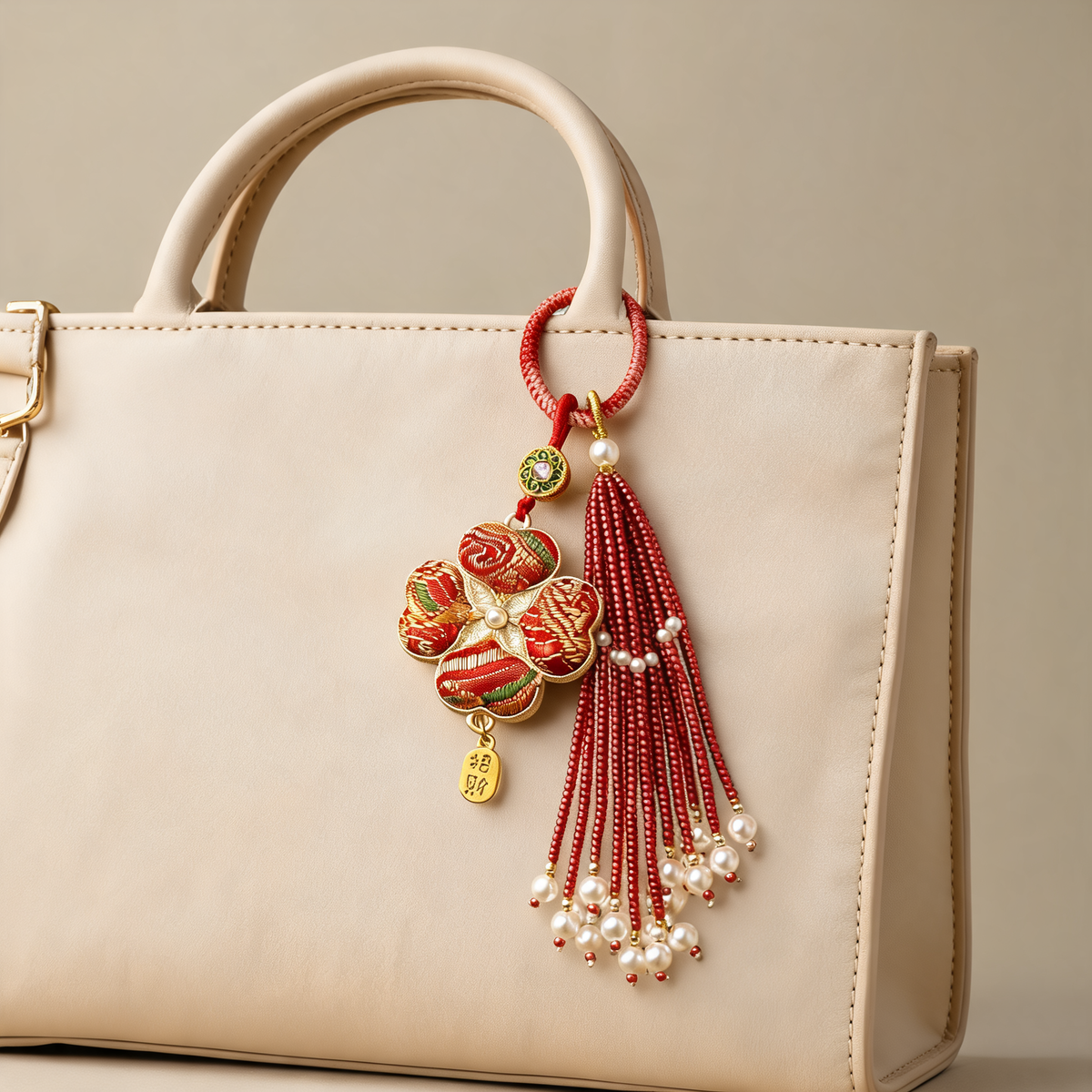 Brocade Clover Tassel Bag Charm — lifestyle styling | Mak&Malva gallery 1-3