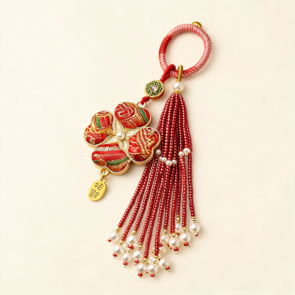 Brocade Clover Tassel Bag Charm — three-quarter product view | Mak&Malva gallery 1-3