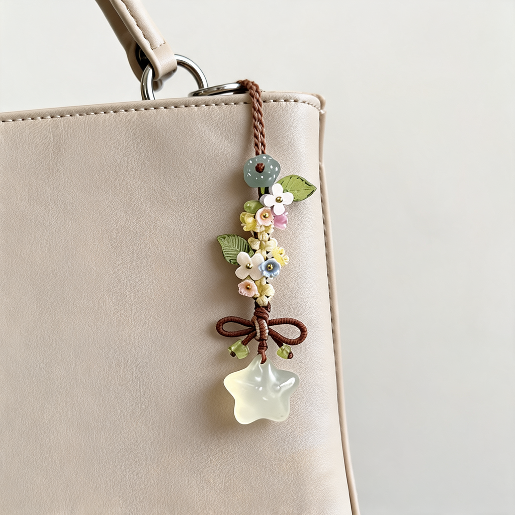 Star Blossom Beaded Bag Charm — lifestyle styling | Mak&Malva gallery 1-3
