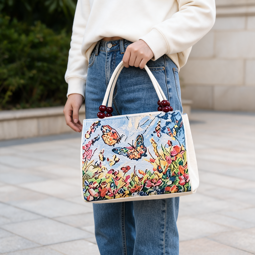 Butterfly Meadow Embroidered Tote — lifestyle styling | Mak&Malva gallery 1-3