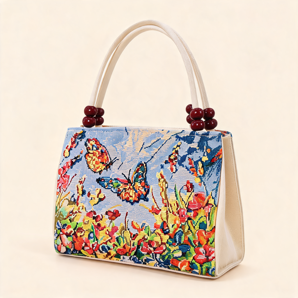 Butterfly Garden Embroidered Tote — three-quarter product view | Mak&Malva gallery 1-3