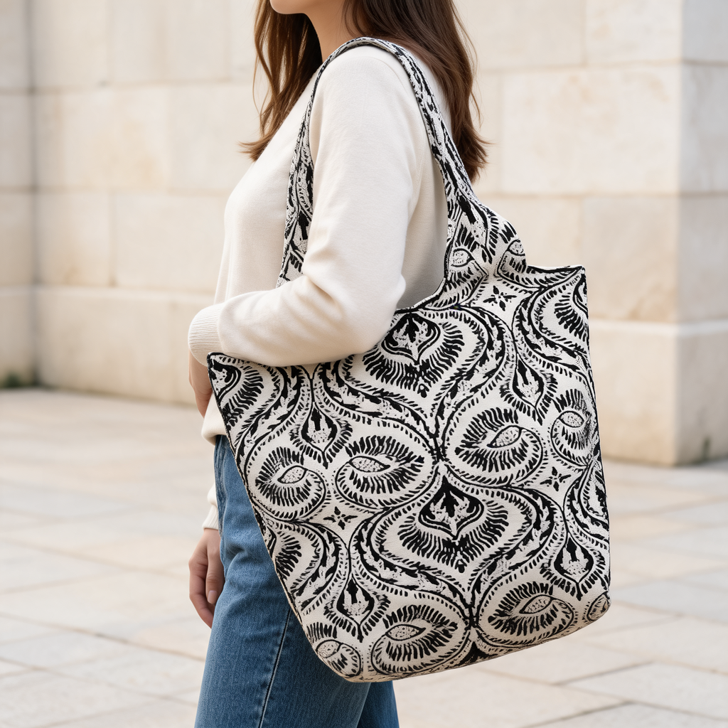 Monochrome Ikat Shoulder Tote — lifestyle styling | Mak&Malva gallery 1-3