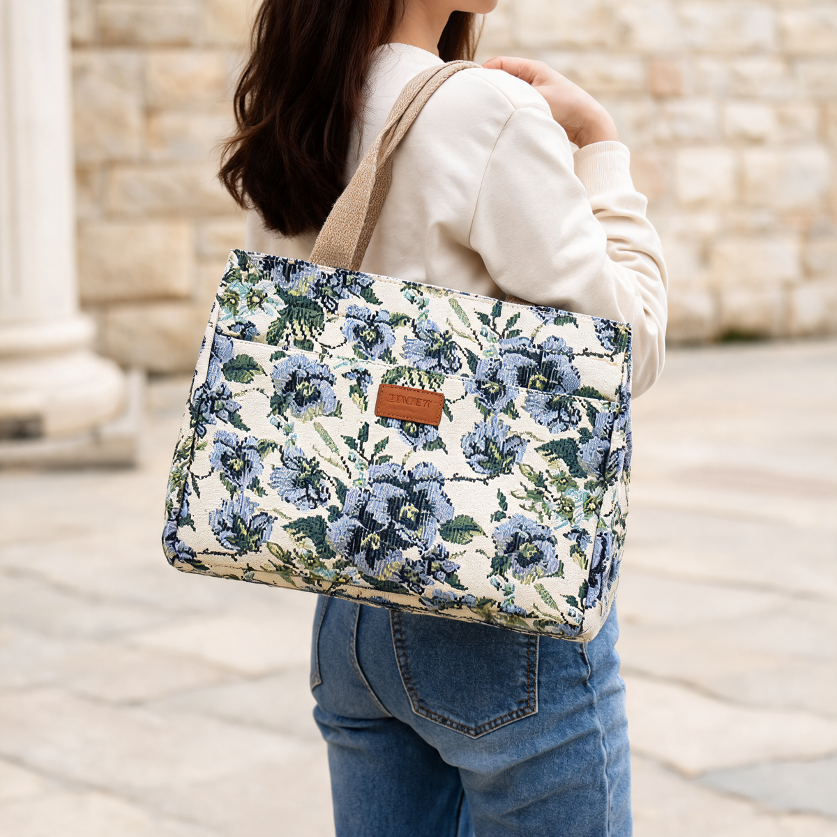 Blue Blossom Canvas Tote — lifestyle styling | Mak&Malva gallery 1-3