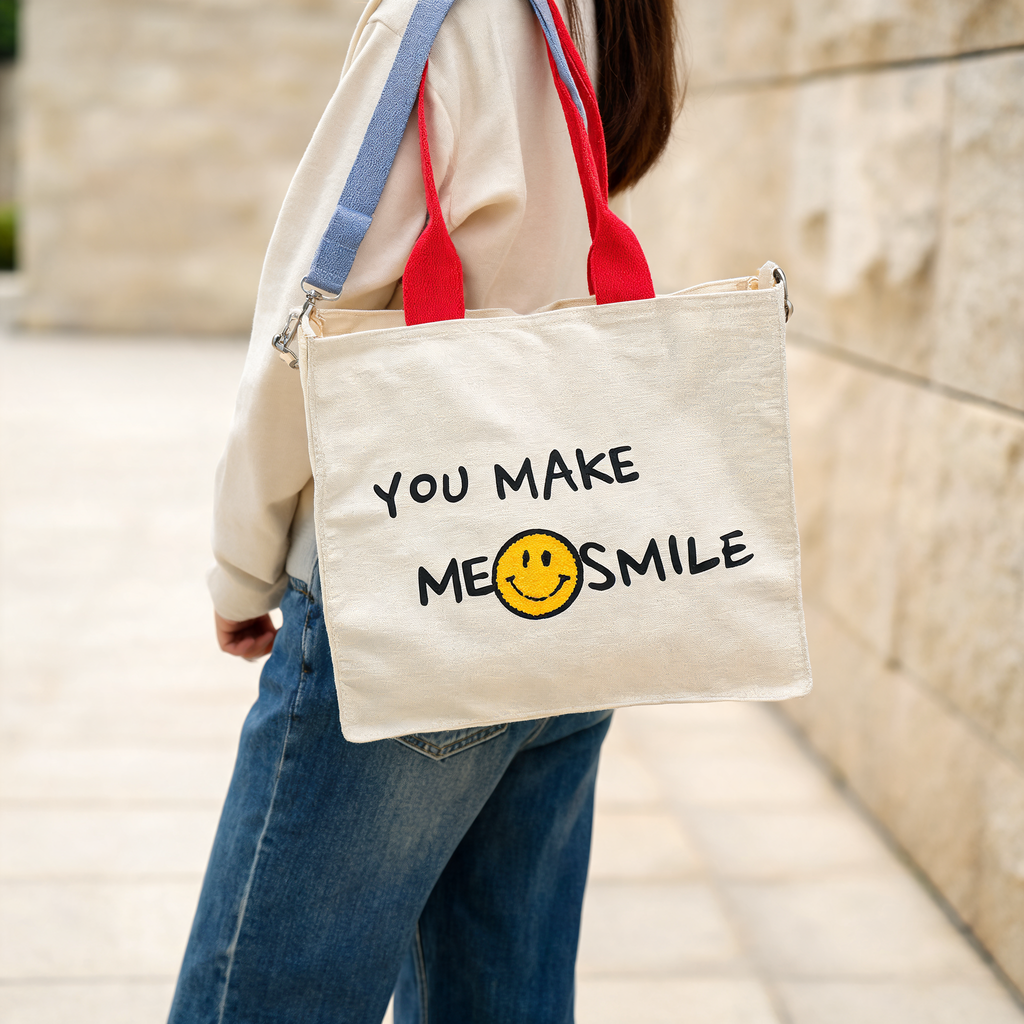 You Make Me Smile Canvas Tote — lifestyle styling | Mak&Malva gallery 1-3