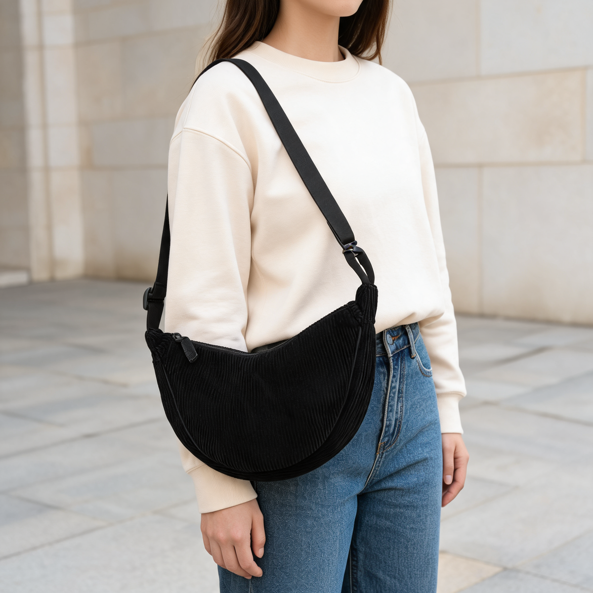 Corduroy Crescent Crossbody — lifestyle styling | Mak&Malva gallery 1-3