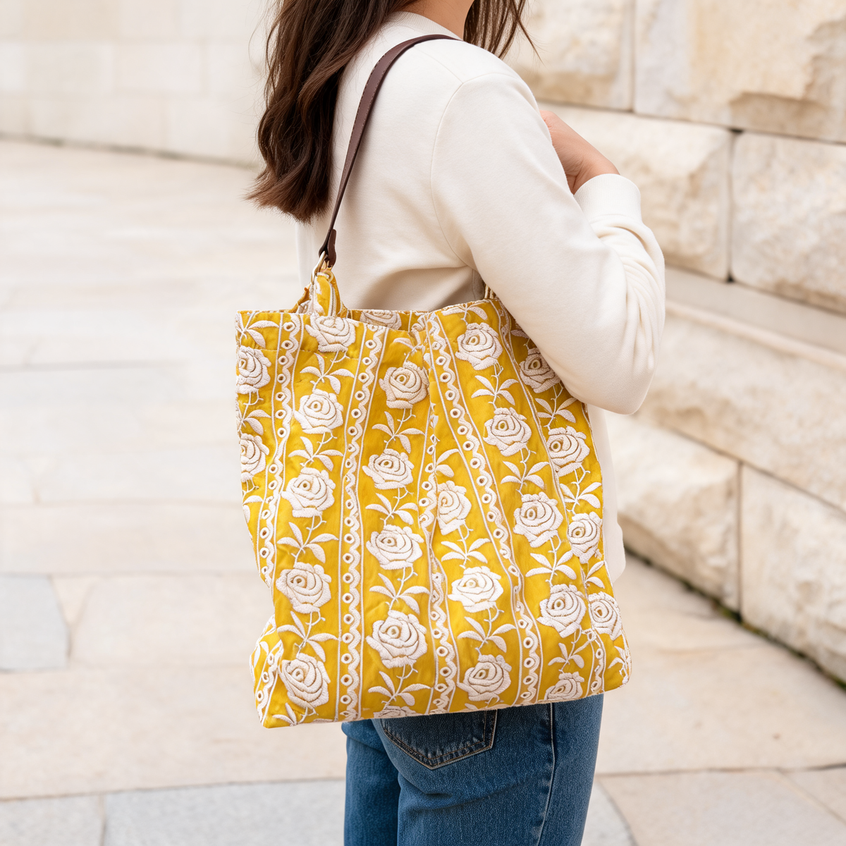 Golden Rose Embroidered Tote — lifestyle styling | Mak&Malva gallery 1-3