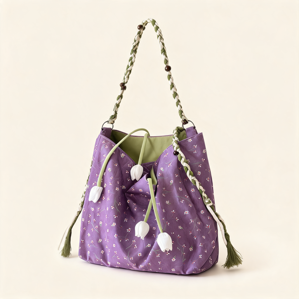 Lilac Meadow Drawstring Hobo — front product view | Mak&Malva gallery 1-3