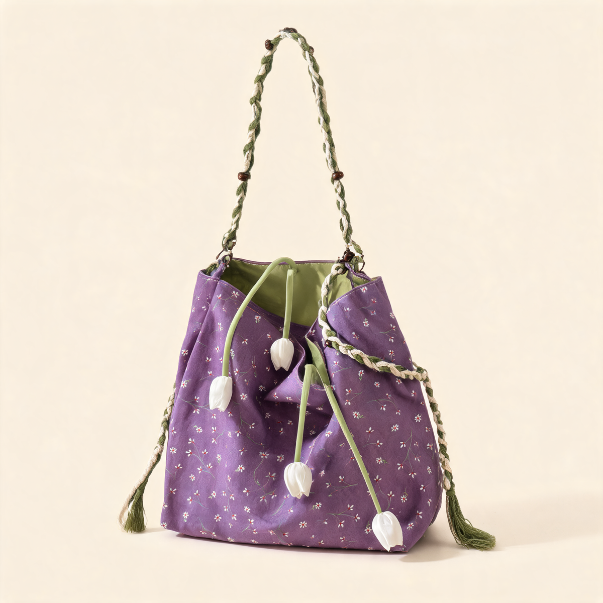 Lilac Meadow Drawstring Hobo — three-quarter product view | Mak&Malva gallery 1-3