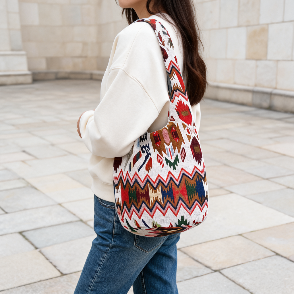 Woven Geometry Crossbody — lifestyle styling | Mak&Malva gallery 1-3