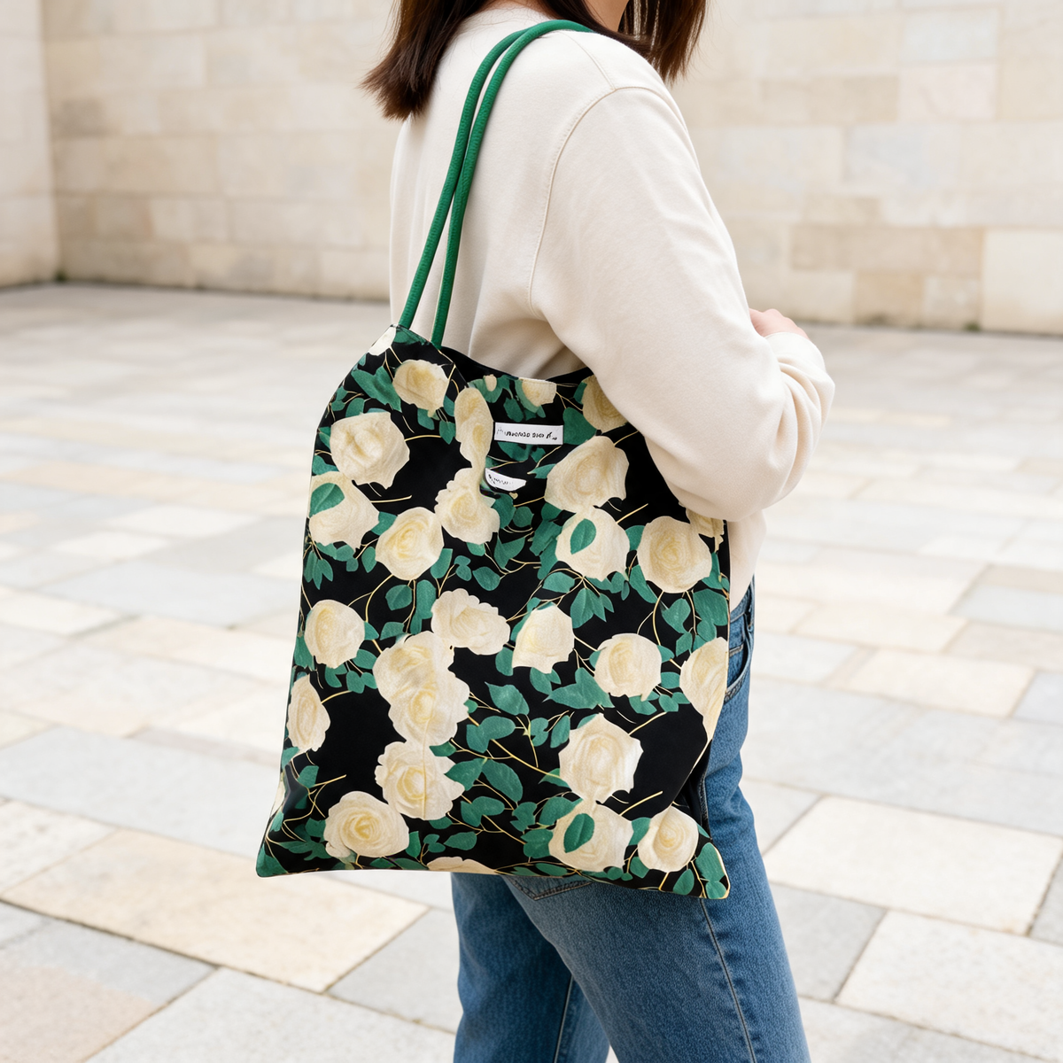 White Rose Garden Tote — lifestyle styling | Mak&Malva gallery 1-3