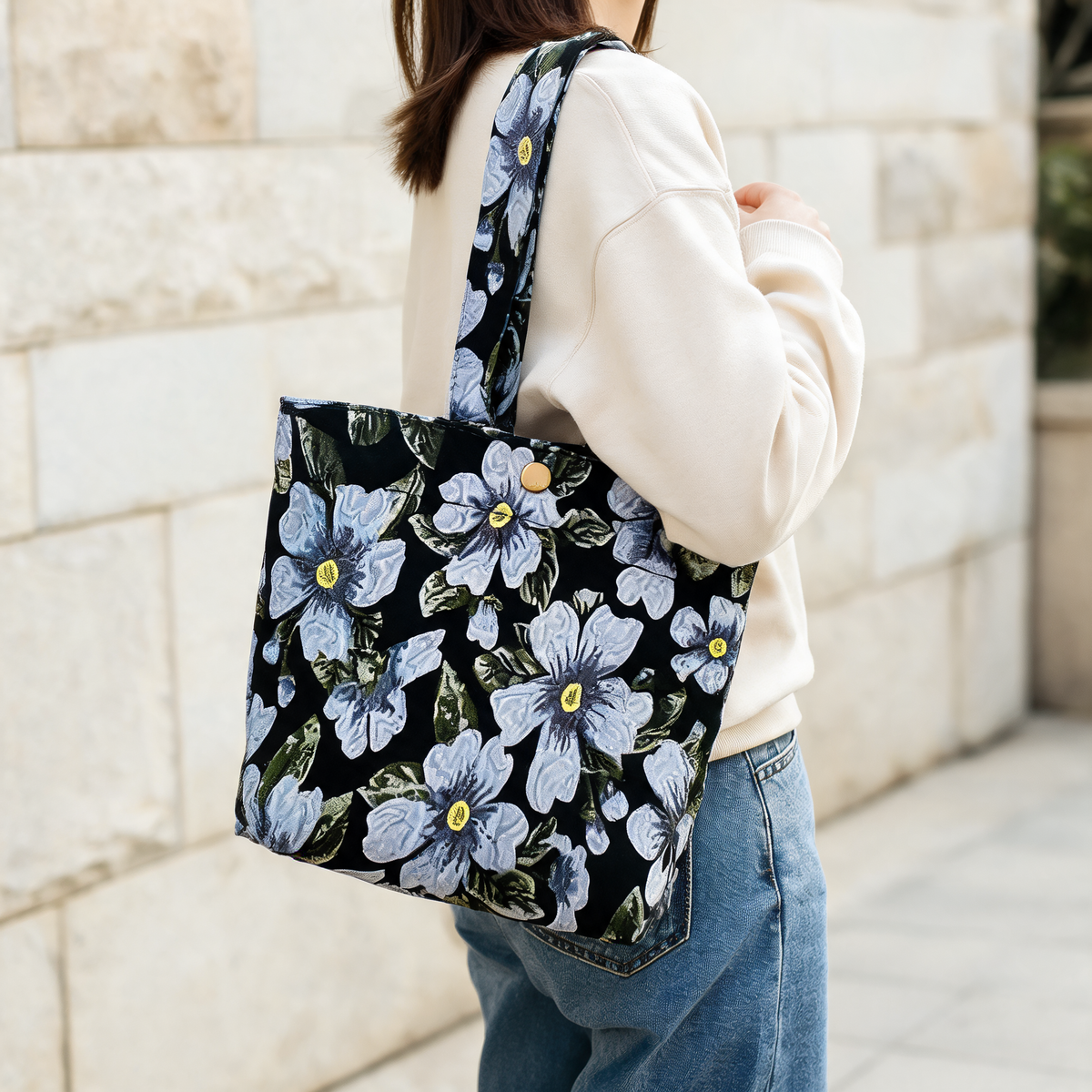 Blue Blossom Jacquard Bag — lifestyle styling | Mak&Malva gallery 1-3