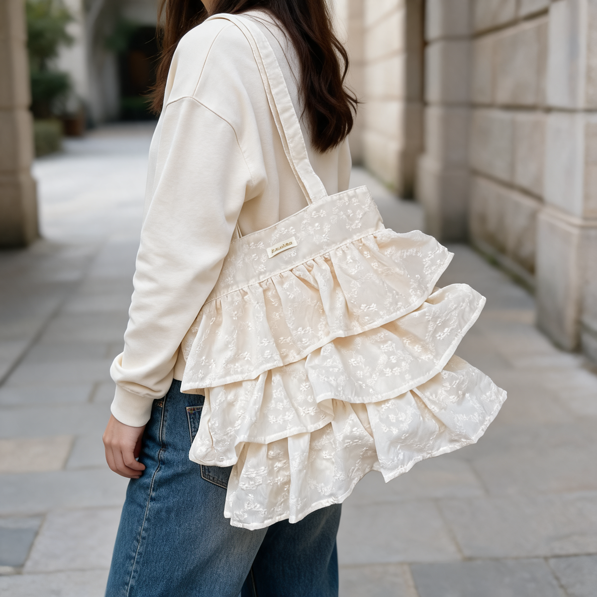 Petal Ruffle Eyelet Tote — lifestyle styling | Mak&Malva gallery 1-3