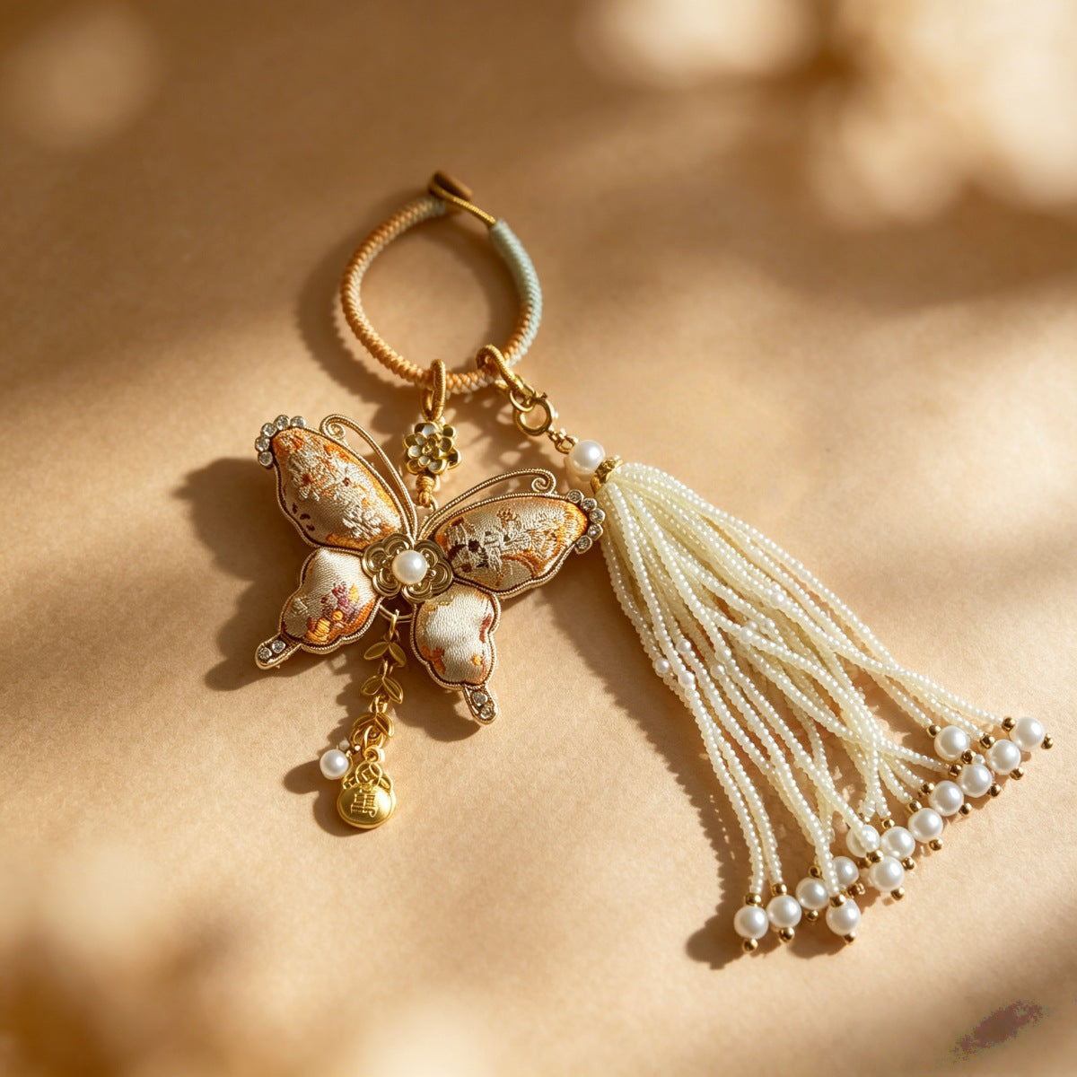 Butterfly Pearl-Tassel Bag Charm - Antique Gold