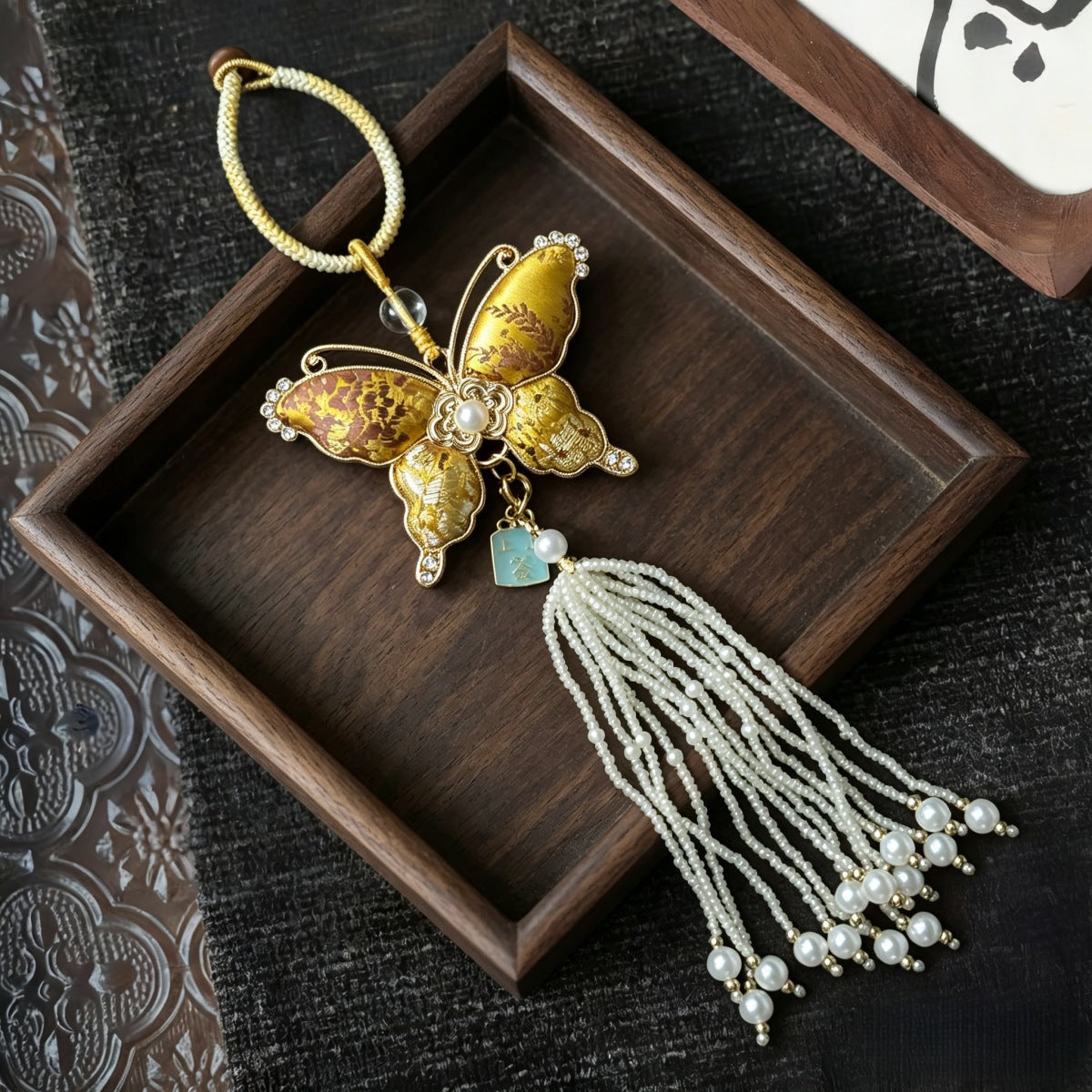 Brocade Butterfly Beaded Bag Charm - Golden Yellow