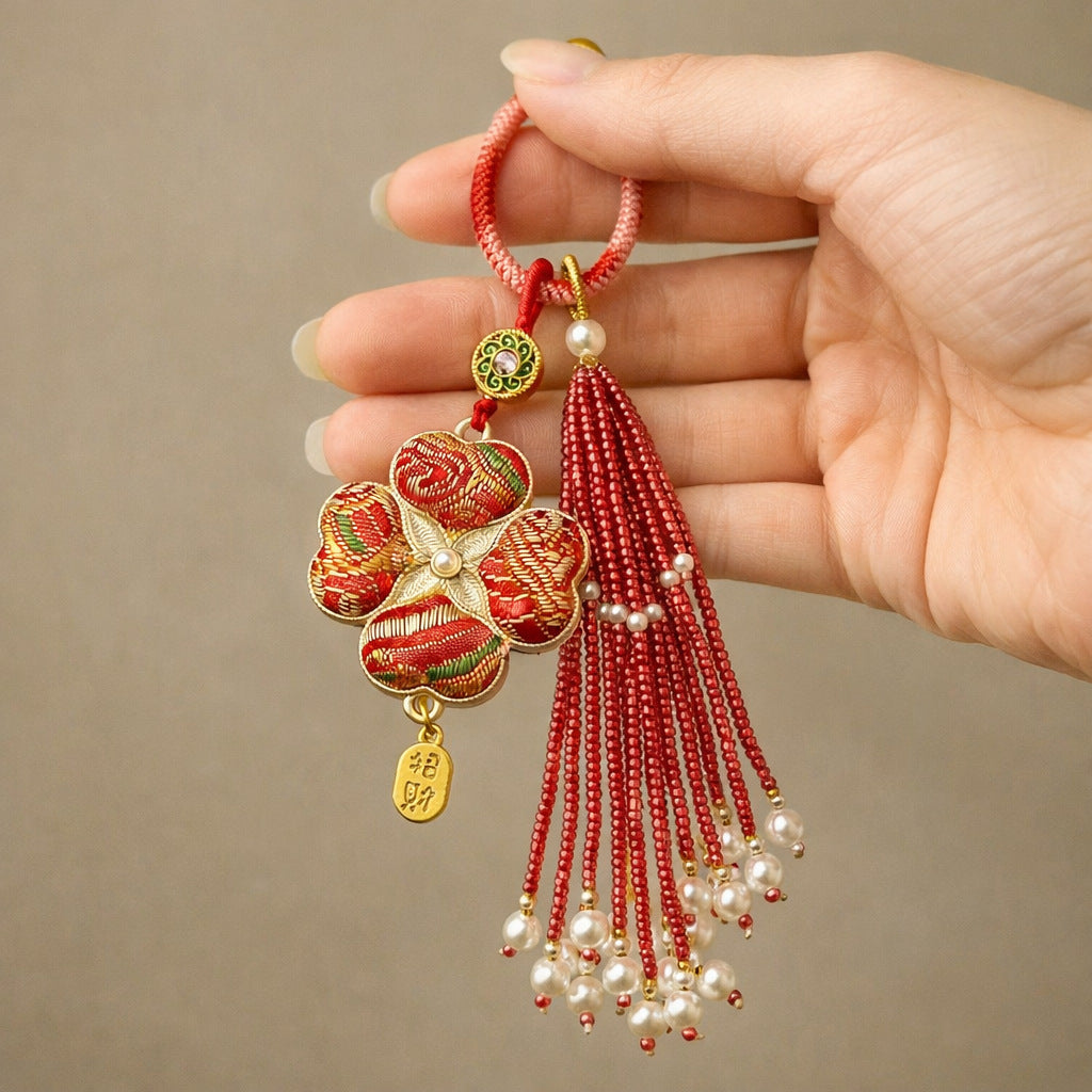 Brocade Clover Tassel Bag Charm - Crimson