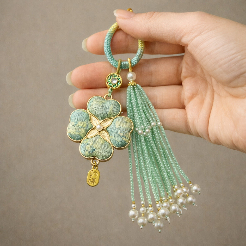 Brocade Clover Tassel Bag Charm - Spring Green