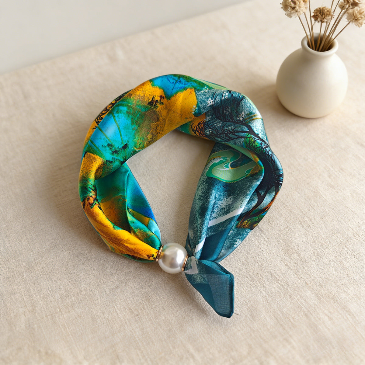 Floral Magnetic-Clasp Scarf - Green and Yellow Floral