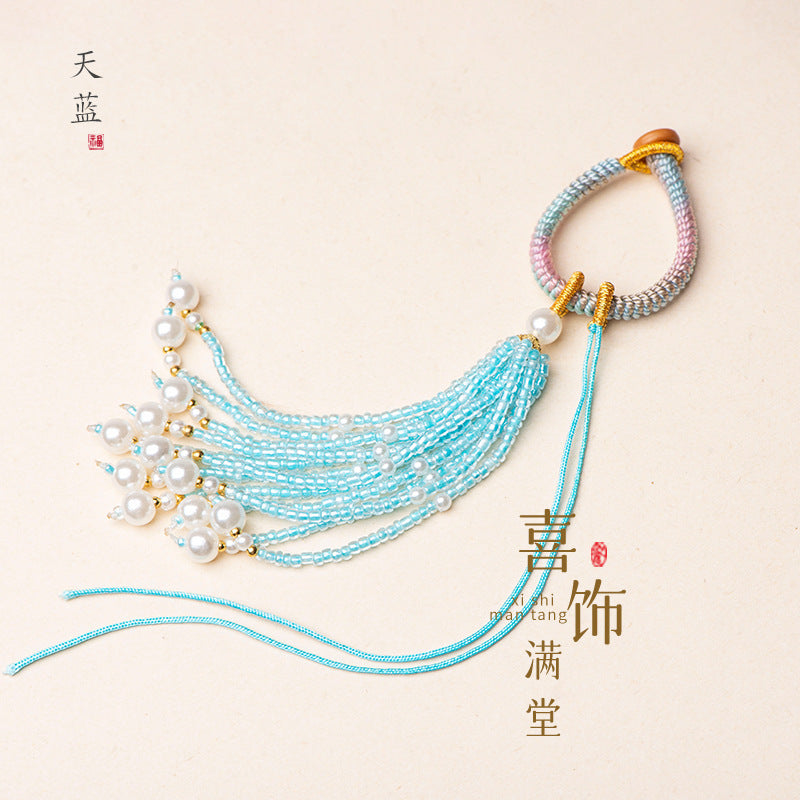 Knotted Bead-Tassel Bag Charm - Sky blue