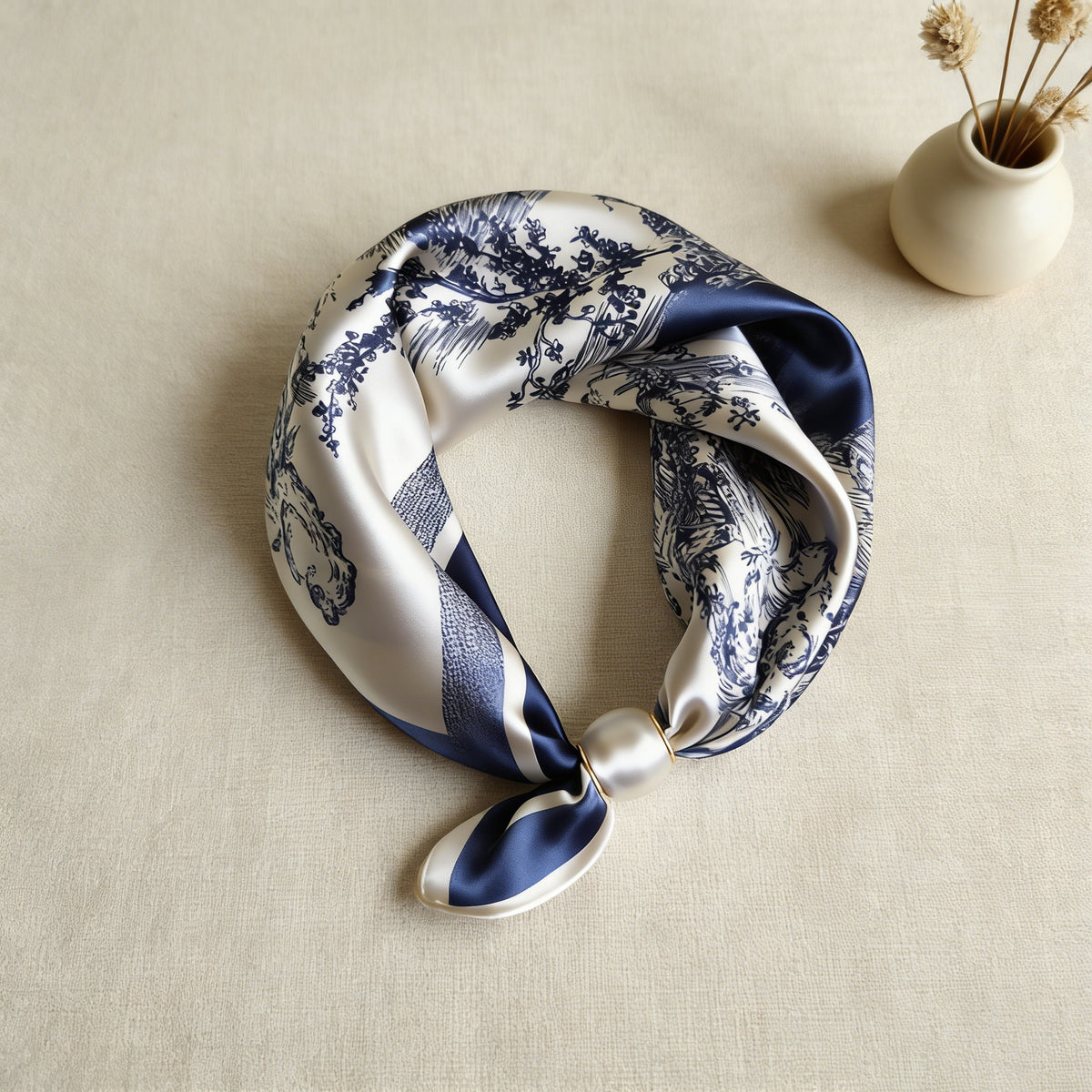 Floral Magnetic-Clasp Scarf - Blue Porcelain Floral