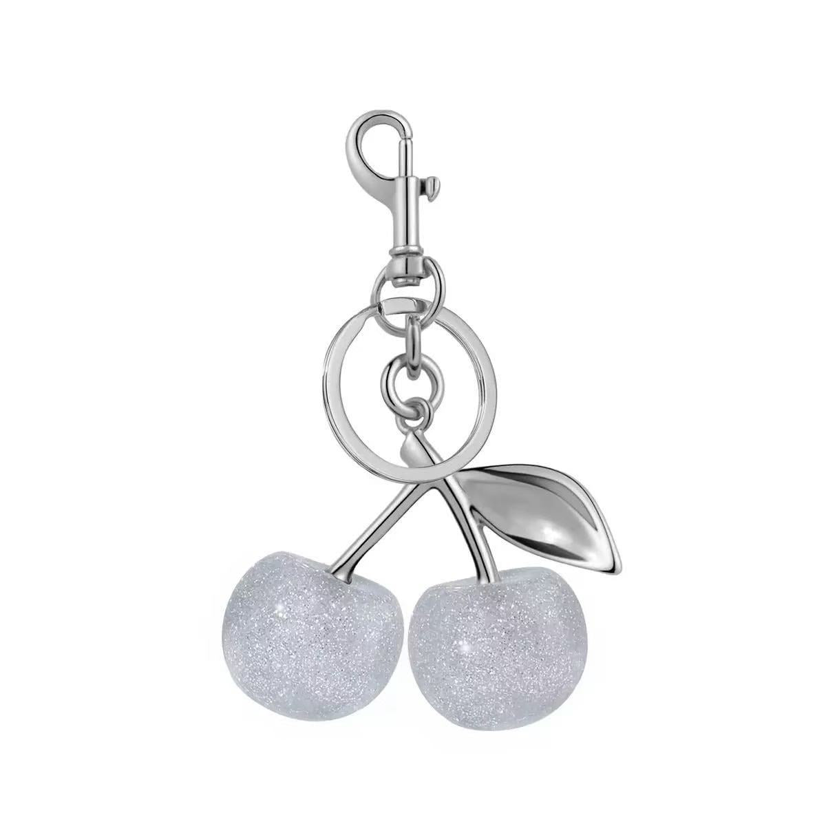 Glossy Cherry Bag Charm - White / Silver-Tone Ring
