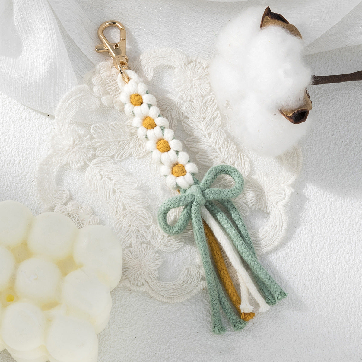 Cotton Knot and Flower Bag Charm - White