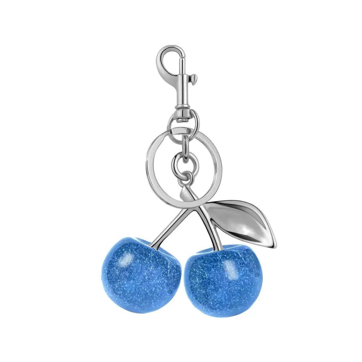 Glossy Cherry Bag Charm - Blue / Silver-Tone Ring