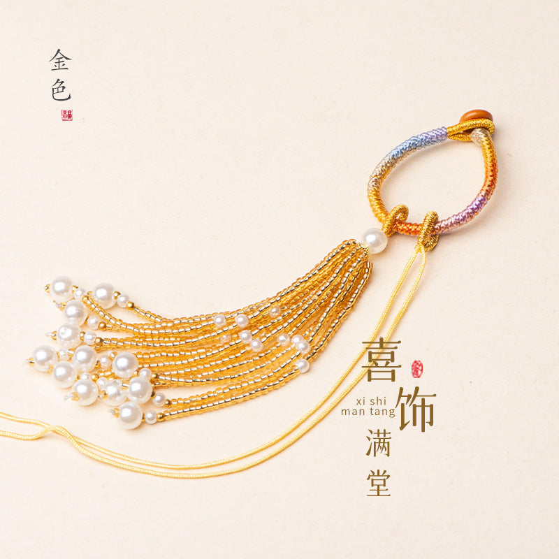 Knotted Bead-Tassel Bag Charm - Gold tone