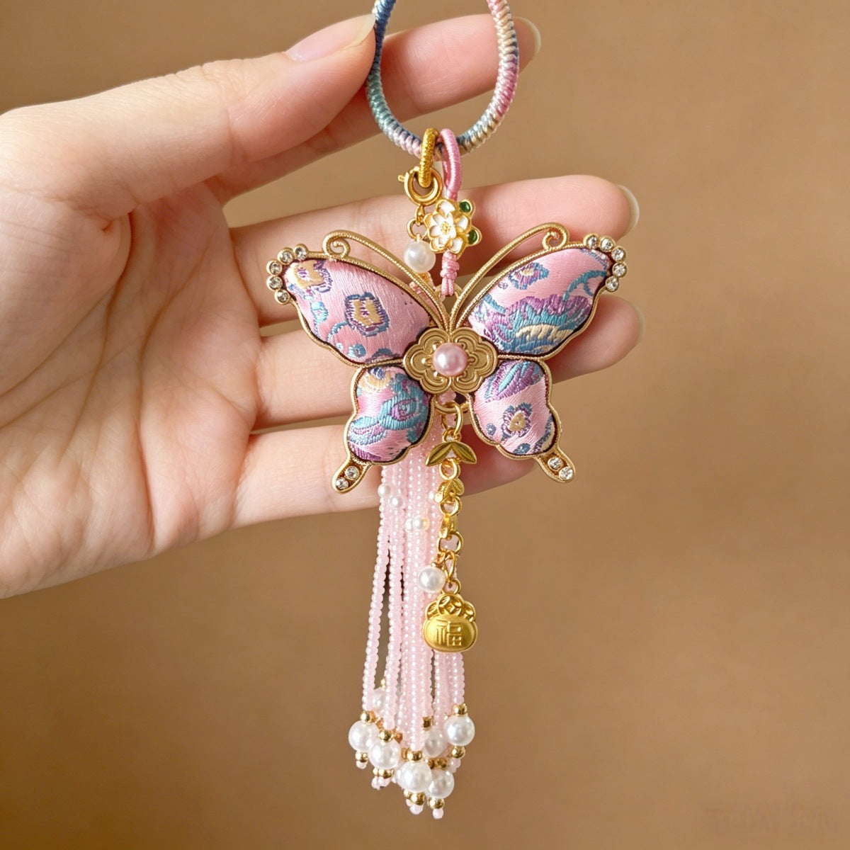 Butterfly Pearl-Tassel Bag Charm - Pink and Purple