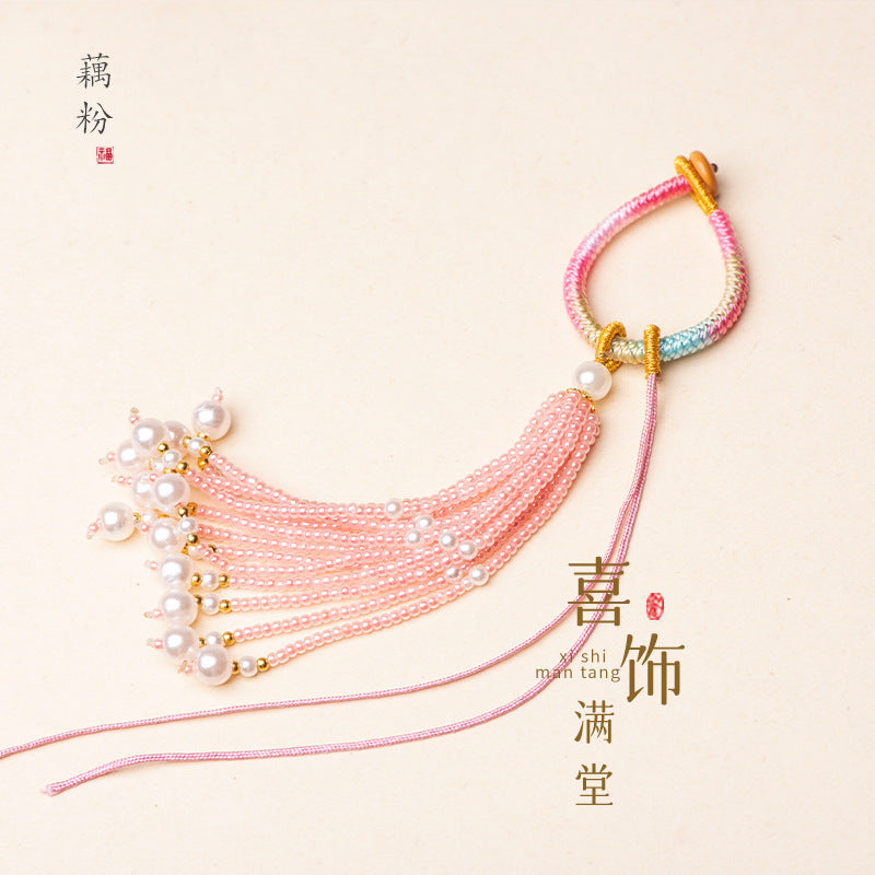 Knotted Bead-Tassel Bag Charm - Dusty pink