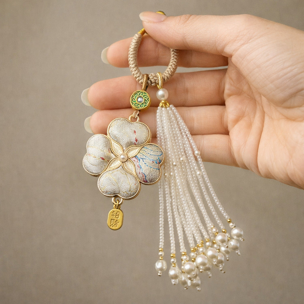 Brocade Clover Tassel Bag Charm - White Plum