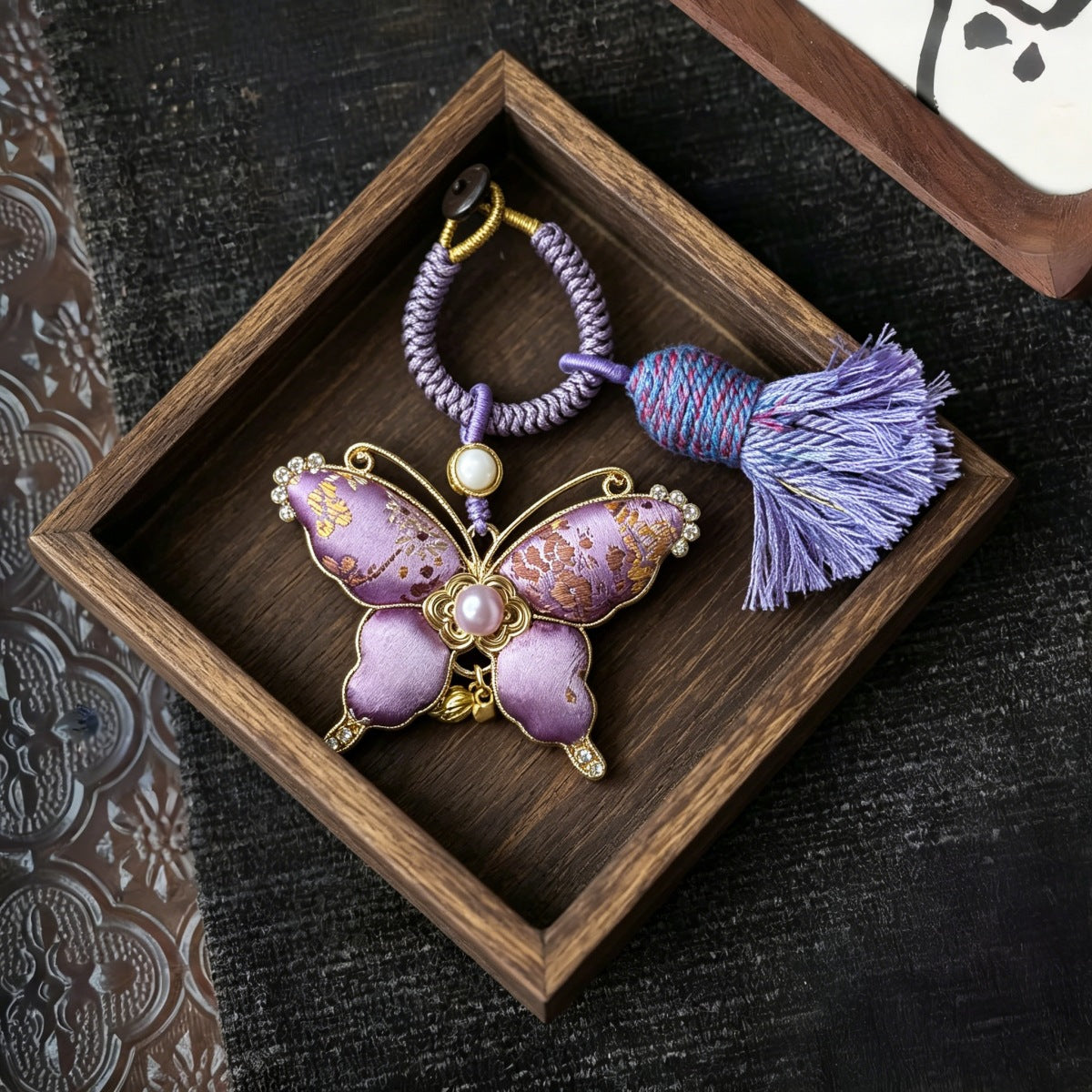 Brocade Butterfly Thread-Tassel Charm - Pink and Purple