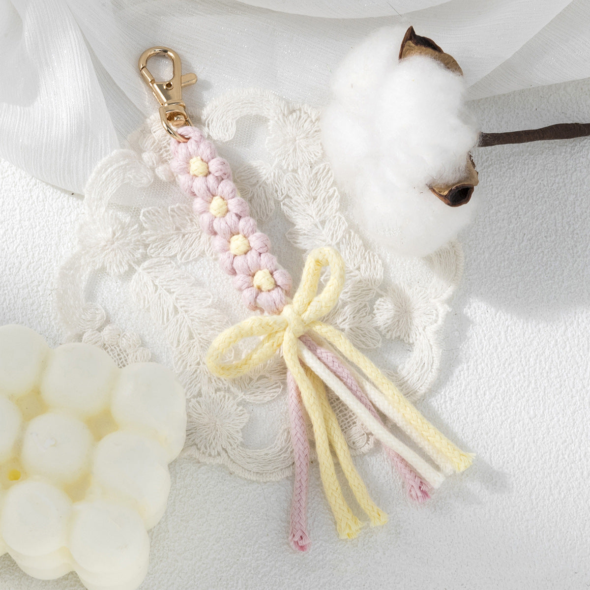 Cotton Knot and Flower Bag Charm - Pink