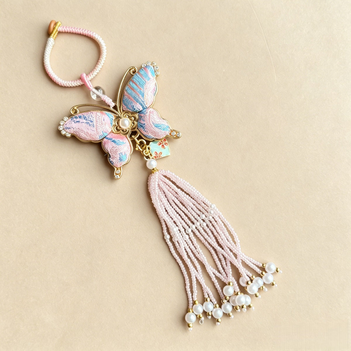 Brocade Butterfly Beaded Bag Charm - Pink and Blue